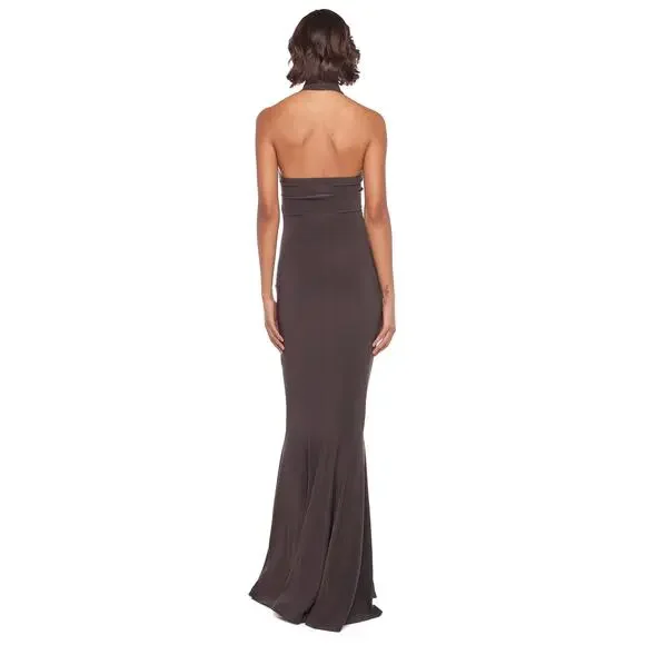 NORMA KAMALI Halter Turtle Fishtail Gown 4-Way Stretch Womens Sz M/38 Chocolate - Picture 6 of 9
